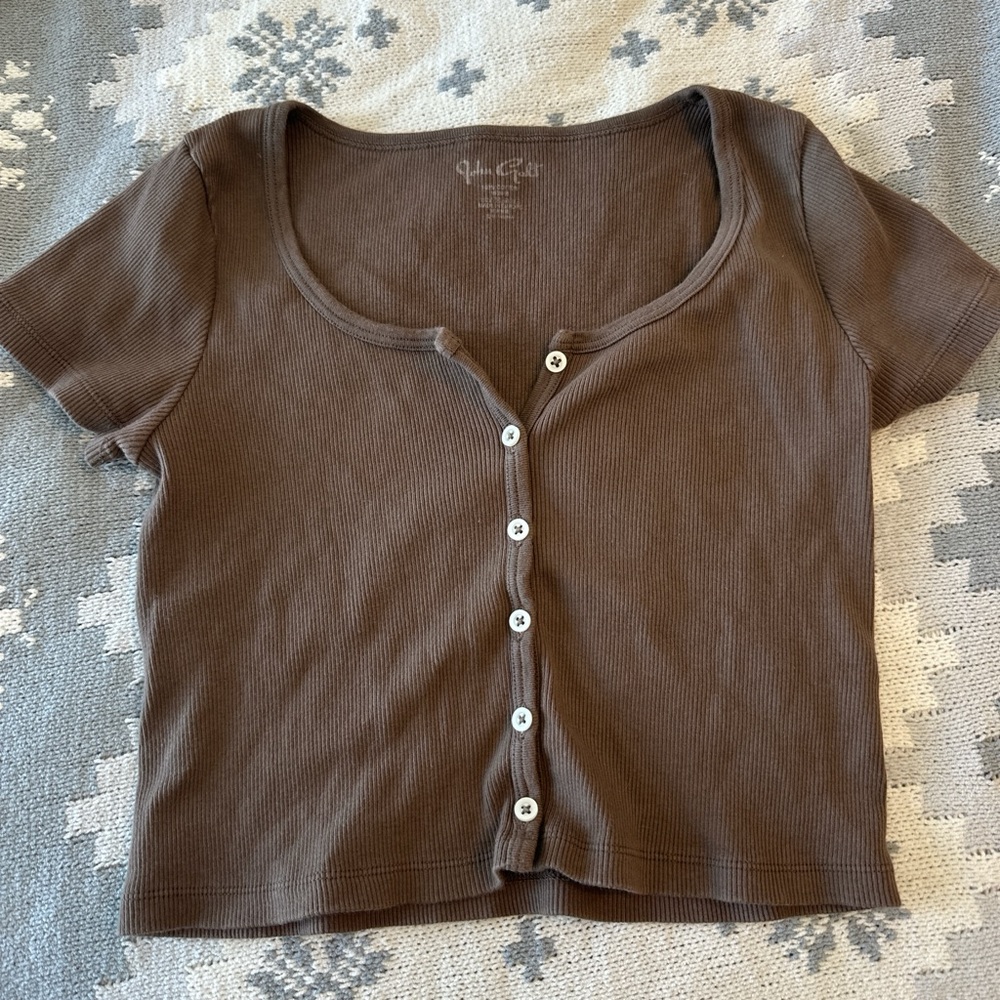 Brandy Melville Brown Button-Up Ribbed Top